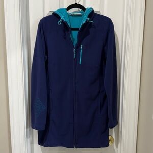 Athleta Swara Embroidered Full Zip Long Fleece Jacket Blue Turquoise Hoodie L